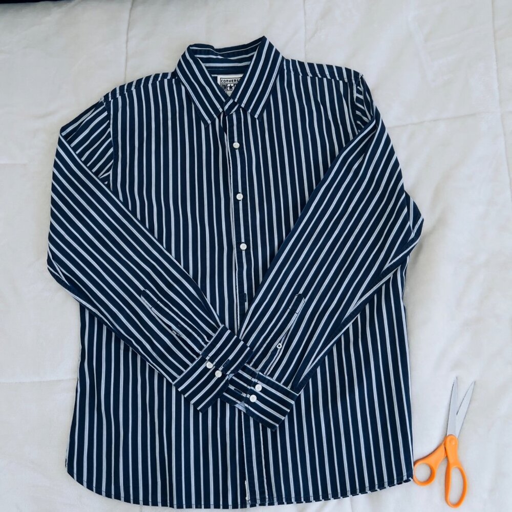 Converse One Star Navy & White Striped Long Sleeve Button-Up Shirt L